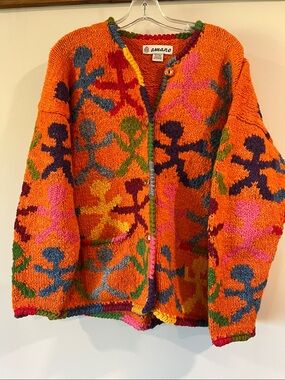 Amano - Vintage Wool Sweater, Orange Patterned Stick Figure Cardigan